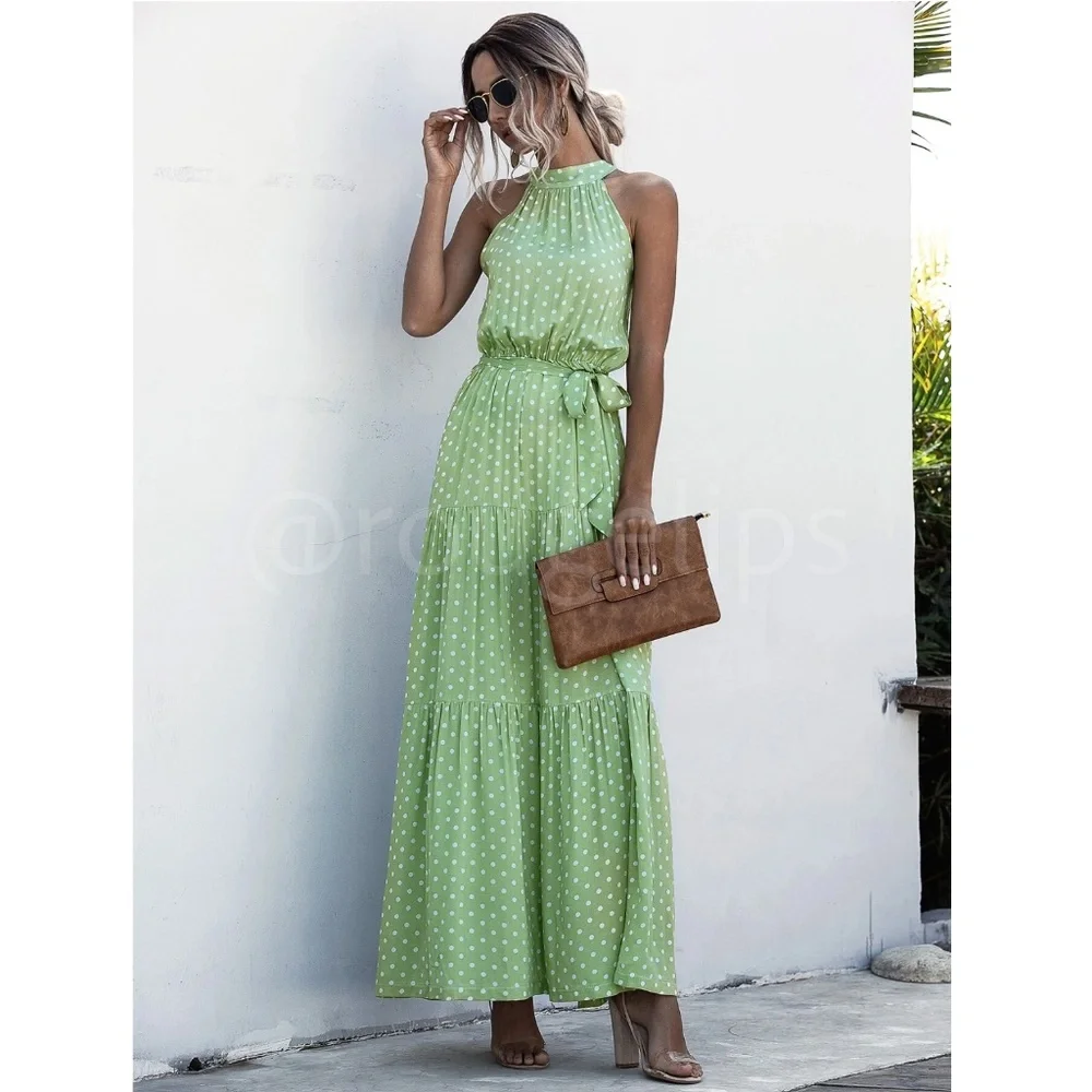 Polka Dot Print Maxi Dress Tie Belt High Neck White Green Long Flared Halter - Picture 2 of 13